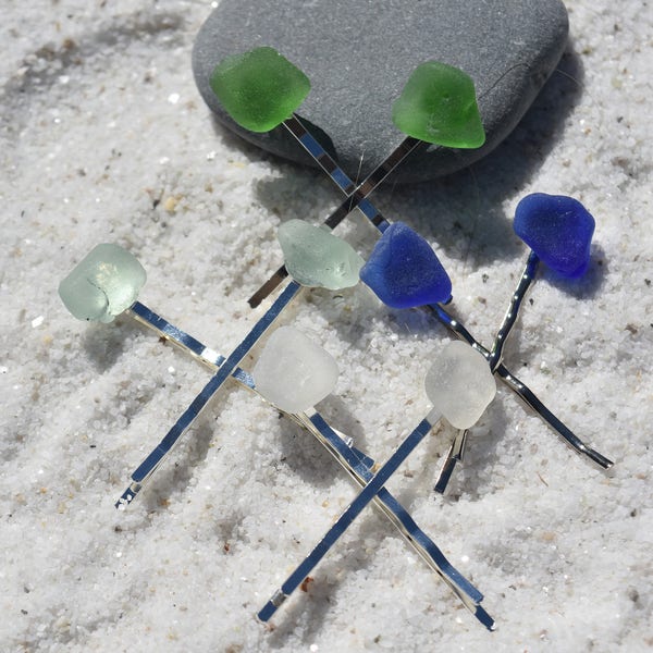 Genuine Surf Tumbled Sea Glass Hair Pin Set Includes: 4 Pairs in Green, Blue, Frosted, and Aqua  (Total of 8 Hair Pins)