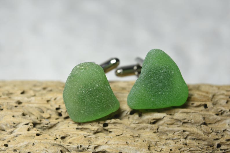 Made to Order Custom Surf Tumbled Green Sea Glass Cufflinks 1 Set