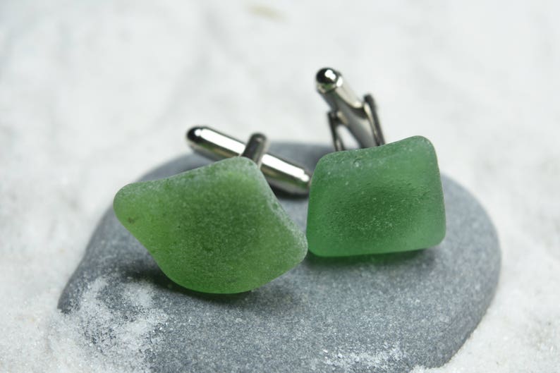 Made to Order Custom Surf Tumbled Green Sea Glass Cufflinks 1 Set