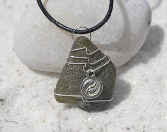 Handmade Maine Sea Glass Necklace – Silver Yin Yang Charm, Frosted Beach Glass