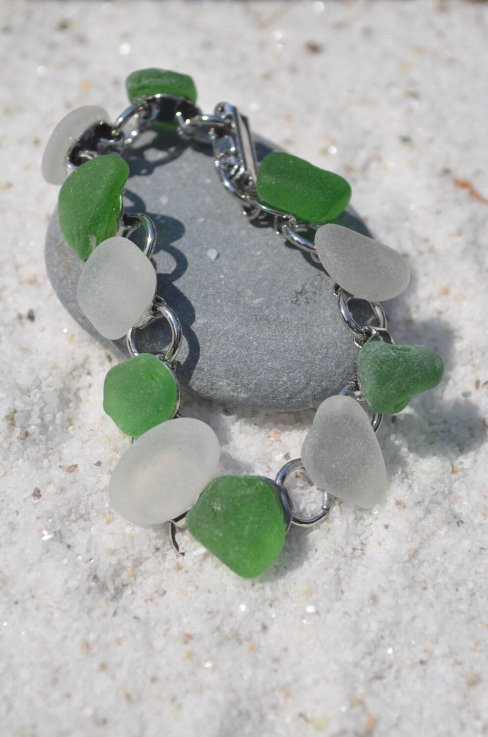 Genuine Green and White Sea Glass Charm Bracelet - Etsy