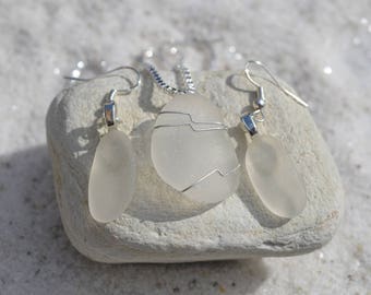 Gefrostete Seeglas Sterling Silber Halskette und Ohrringe Set