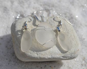 Frosted Sea Glass Sterling Silver Necklace and Earrings Set