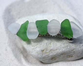 Genuine Kelly Green and Frosted Sea Glass French Barrette Hair Clip - 60 MM