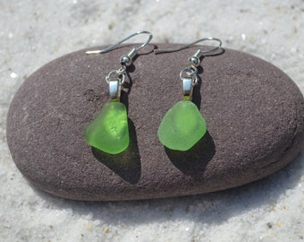 Tiny Genuine Kelly Green Sea Glass Sterling Silver Earrings