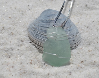 Genuine Curved Light Aqua Wire Wrapped Sea Glass Pendant and Necklace