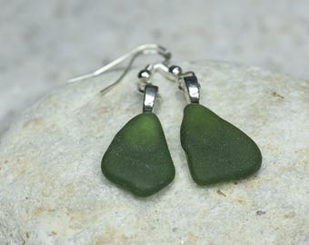 Custom Pair of Genuine Surf Tumbled Dangling Olive Green Sea Glass Earrings - (1 Set)