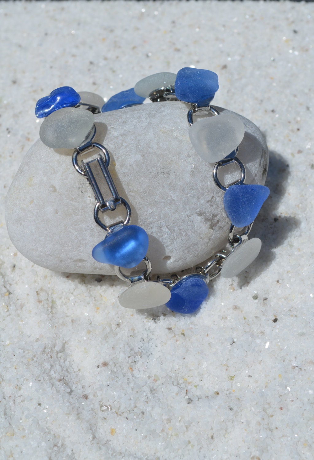 Frosted White and Cornflower Blue Sea Glass Bracelet - Etsy