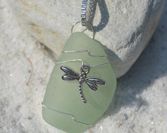 Custom Handmade Genuine Sea Glass Necklace with a Silver Dragonfly Charm - Choose Your Color Sea Glass Frosted, Green, Brown, or Aqua
