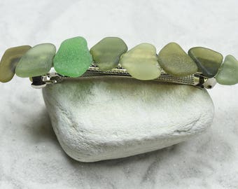 Genuine Surf Tumbled Shades of Green Sea Glass French Barrette Hair Clip 4" or 100 mm Length - Quantity of 1