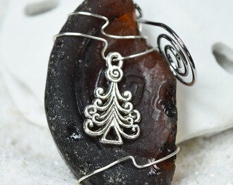 Custom Surf Tumbled Sea Glass Ornament with a Silver Christmas Tree Charm - Choose Your Color Sea Glass Frosted, Green, or Brown.