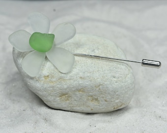 Genuine Frosted and Green Sea Glass Flower Lapel Pin