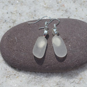 Frosted White Dangling Sea Glass Sterling Silver Earrings