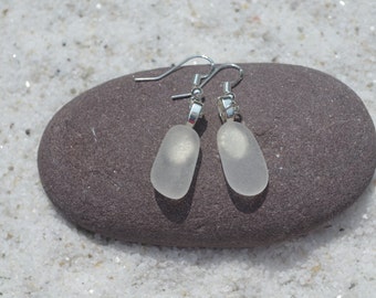 Frosted White Dangling Sea Glass Sterling Silver Earrings