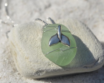 Custom Handmade Genuine Sea Glass Necklace with a Silver Whale's Tail Charm - Choose Your Color Sea Glass Frosted, Green, Brown, or Aqua