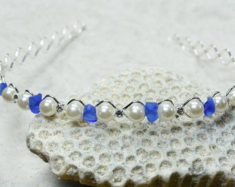 Fancy Pearl and Genuine Surf Tumbled Blue Sea Glass Headband - Perfect for Flower Girls or Bridal Parties