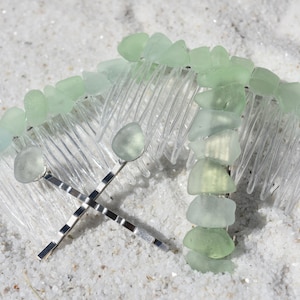 Genuine Surf Tumbled Aqua and Sea Foam Sea Glass Hair Clip Set - Includes 2 Hair Combs, 1 60 mm French Barrette, 2 Hair Pins