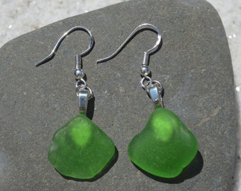 Kelly Green Sea Glass Dangling Sterling Silver Earrings