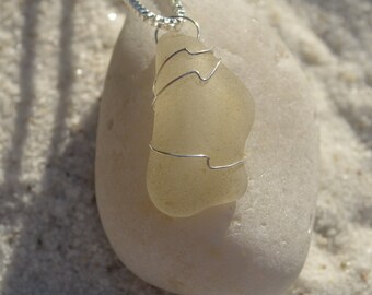 Golden Yellow Wire Wrapped Sea Glass Pendant and Necklace