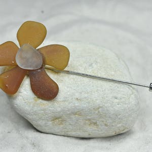 Genuine Brown and Frosted Sea Glass Flower Lapel Pin