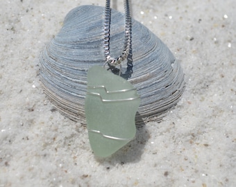 Genuine Aqua  Green Sea Glass Wire Wrapped Curved Pendant and Necklace