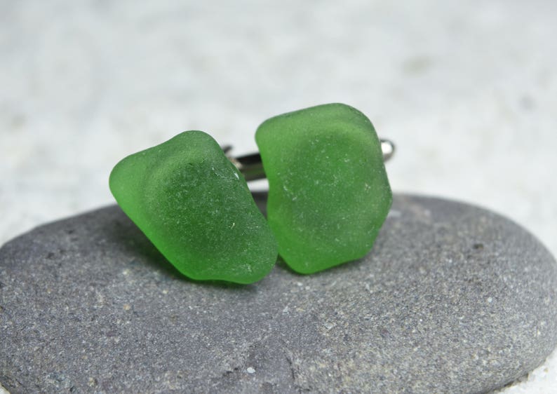 Made to Order Custom Surf Tumbled Green Sea Glass Cufflinks 1 Set