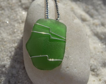 Green Beach Glass Wire Wrapped Necklace