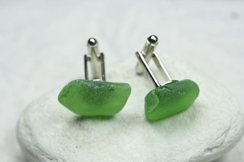 Made to Order Custom Surf Tumbled Green Sea Glass Cufflinks 1 Set