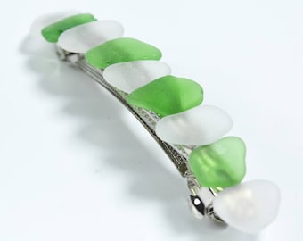 Genuine Surf Tumbled Frosted Green and White Sea Glass French Barrette Hair Clip 4" or 100 mm Length - Quantity of 1