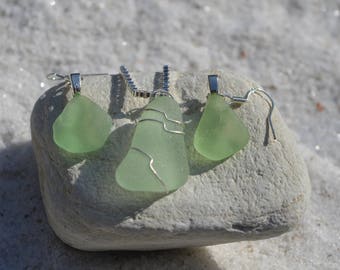 Gorgeous Light Green Sea Glass Sterling Silver Necklace and Earrings Set