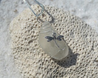 Custom Handmade Genuine Sea Glass Necklace with a Silver Dragonfly Charm - Choose Your Color Sea Glass Frosted, Green, Brown, or Aqua