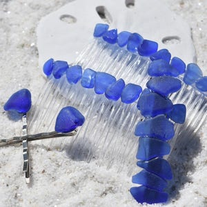 Genuine Surf Tumbled Blue Sea Glass Hair Clip Set - Includes 2 Hair Combs, 1 60 mm French Barrette, 2 Hair Pins