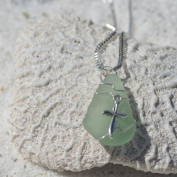 Custom Handmade Genuine Sea Glass Necklace with a Silver Christian Cross Charm - Choose Your Color Sea Glass Frosted, Green, Brown, or Aqua