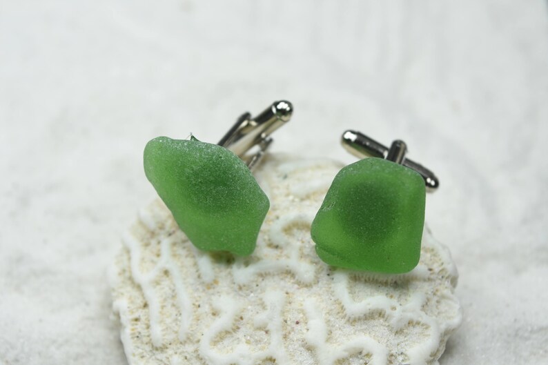 Made to Order Custom Surf Tumbled Green Sea Glass Cufflinks 1 Set