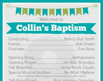 Boy Baptism Party Supplies - Custom Baptism Program, Turquoise, LDS, Great to be 8, Party