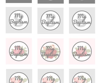 Baptism Gift Box Label / Cupcake Topper - Girl, 8, Pink, Gray, Roses, Vintage, Party Decor, Digital Download