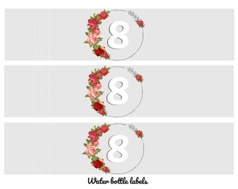 Water bottle Labels - Baptism, Great to be 8, Pink, Gray, Roses, Vintage, Party Decor, Digital Download