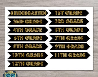 School Year Labels Digital Download - Kindergarten through 12, Graduation, Party Decor, Black, Gold