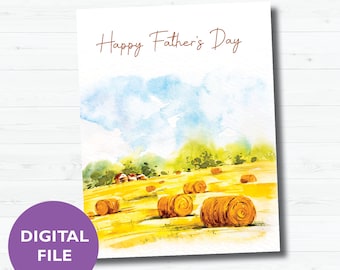 Tarjeta imprimible para el Día del Padre con escena de granja, interior en blanco.