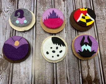 Felt Cookies with Mix-and-Match Villains Frostings, Set of 6 Toy Cookies, Kids Play Kitchen Felt Food, Halloween Decoration