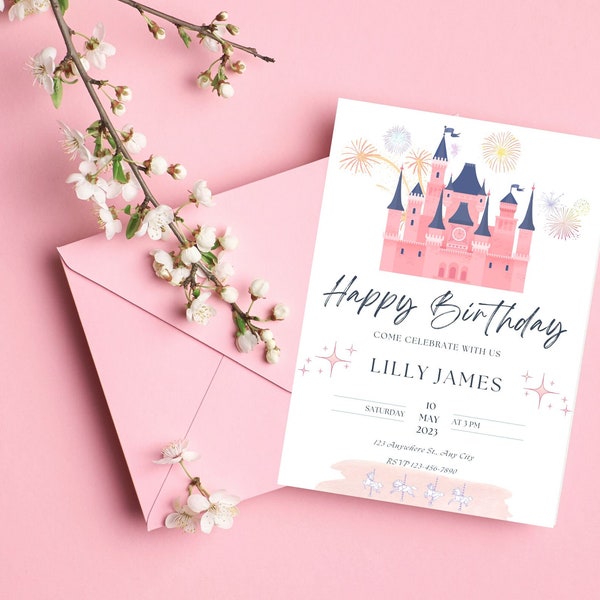 Fairytale Princess Castle Birthday Invitation, Editable Canva Template Digital Download