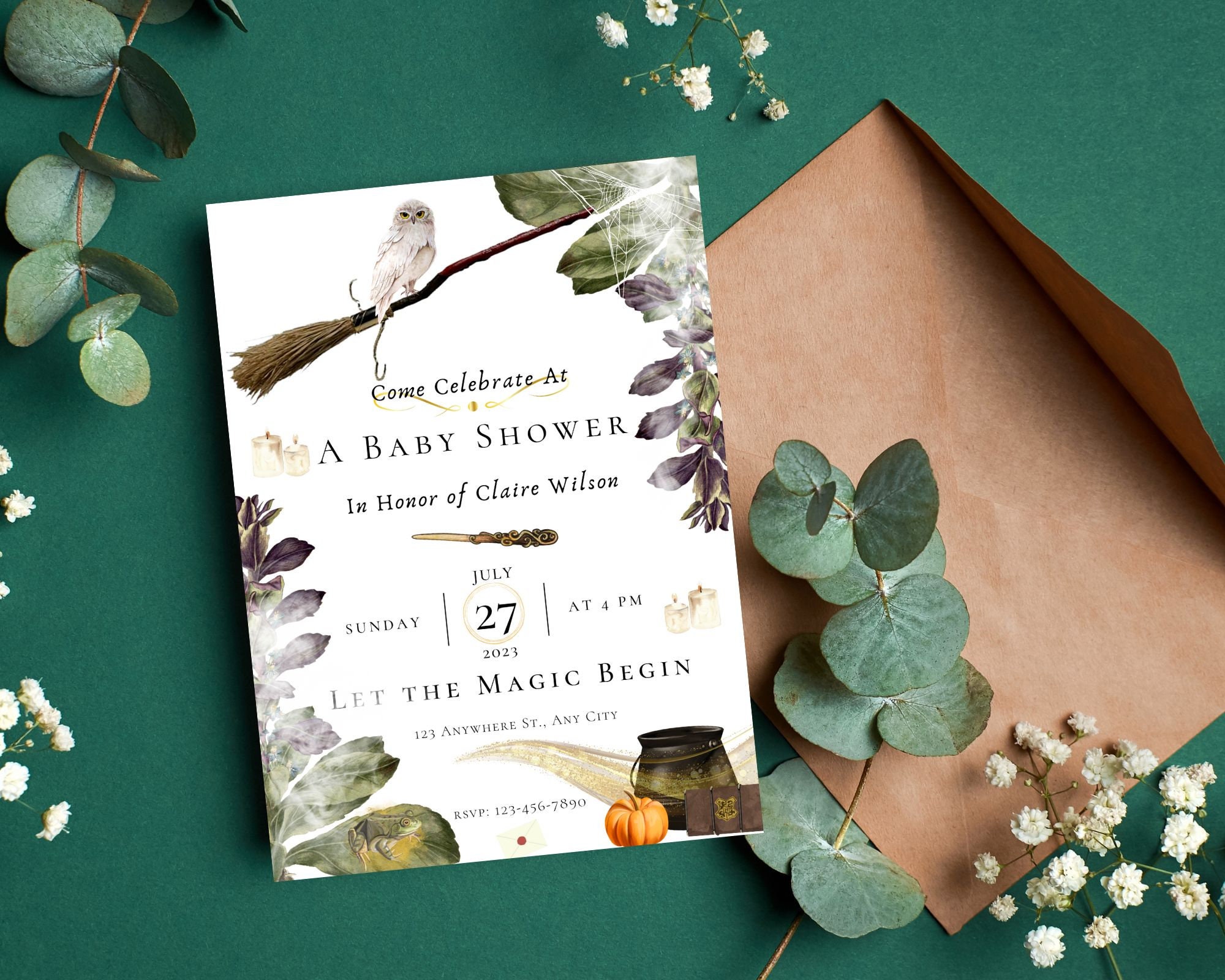 Witch and Wizard Owl Baby Shower Invitation Editable Canva Template Digital Download Printable