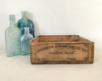 Antique American Steam Gauge Boston Mass Small Wood Box - Vintage Small Wooden Box