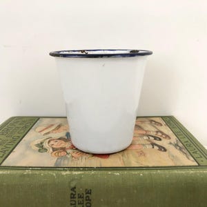 Vintage Enamel Cup - Small White Enamelware Cup with Royal Blue Trim