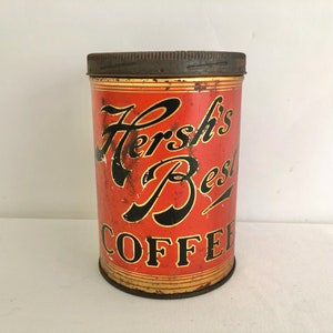 Antique Rare Hersh&#39;s Best Coffee L.P. Hersh and Bro. Elizabeth NJ Tin Can with Original Lid - Old Coffee Can Collectible Adverising Tin