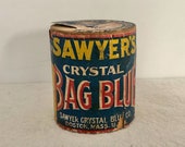 Sawyer 39 s Crystal Bag Blue Wash Container - Vintage Rare Laundry Bluing Container - Antique Advertising Tin - Prop - Laundry Room