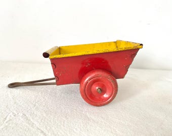 Vintage Toy Tin Cart Wagon Red Yellow
