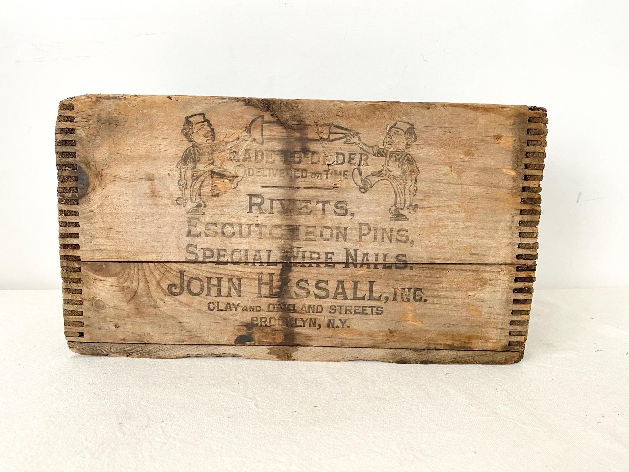 Antique John Hassall Rivets Brooklyn NY Wood Shipping Box With
