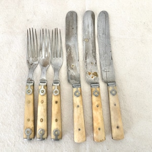 Antique Knives and Forks Lot of 6 - Old Fork and Knife Collectible - Bone Handle Fork and Knife - Cutlery