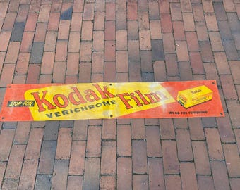 Vintage 1970s Kodak Film Fabric Advertising Banner Sign - Stop Here for Kodak We Do The Finishing Verichrome Film Banner